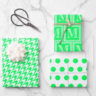Neon Green Hahnentrittmuster Monogram Polka Dot Geschenkpapier Set