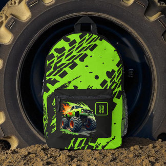 Neon Green Monster Truck Boys Monogram  Bedruckter Rucksack