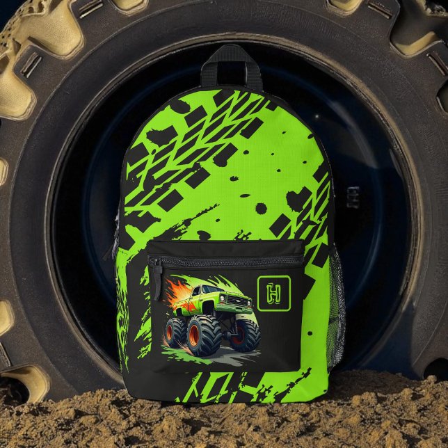 Neon Green Monster Truck Boys Monogram  Bedruckter Rucksack (Von Creator hochgeladen)