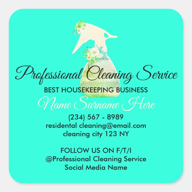 Neon Green niedlich Maid Spray Blume Reinigung Quadratischer Aufkleber (Vorderseite)