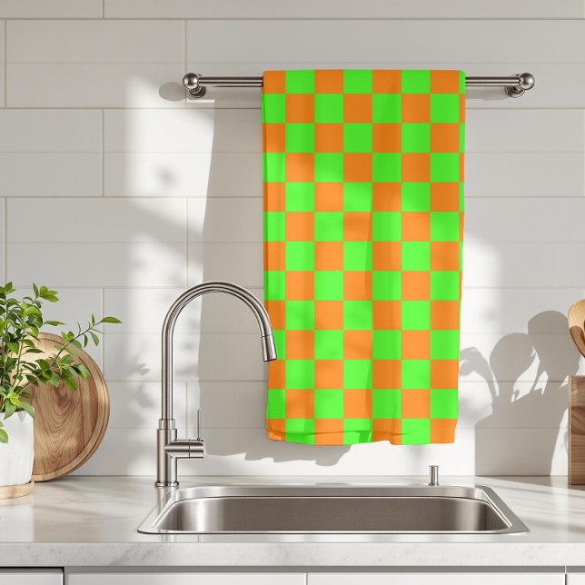 Neon Green Orange Checkerboard Vintag Geschirrtuch (Von Creator hochgeladen)
