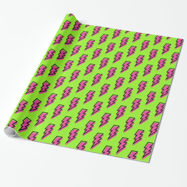 Neon Green & Pink Lightning Bolt Pattern der 90er  Geschenkpapier (Ungerollt)