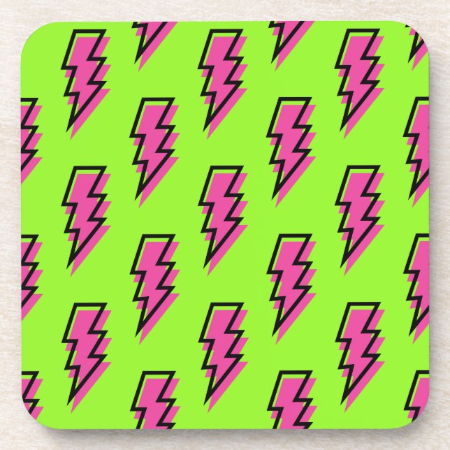 Neon Green & Pink Lightning Bolt Pattern der 90er  Getränkeuntersetzer (Vorderseite)