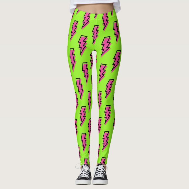 Neon Green & Pink Lightning Bolt Pattern der 90er  Leggings (Vorderseite)