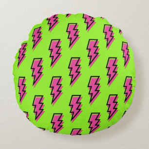 Neon Green & Pink Lightning Bolt Pattern der 90er  Rundes Kissen