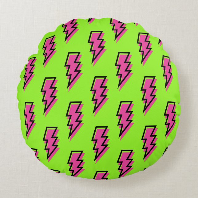 Neon Green & Pink Lightning Bolt Pattern der 90er  Rundes Kissen (Vorderseite)
