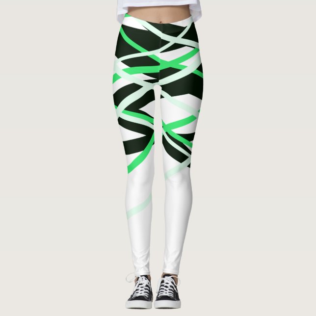 Neon Green Schwarz-weiß Stripes geometrisch Leggings (Vorderseite)