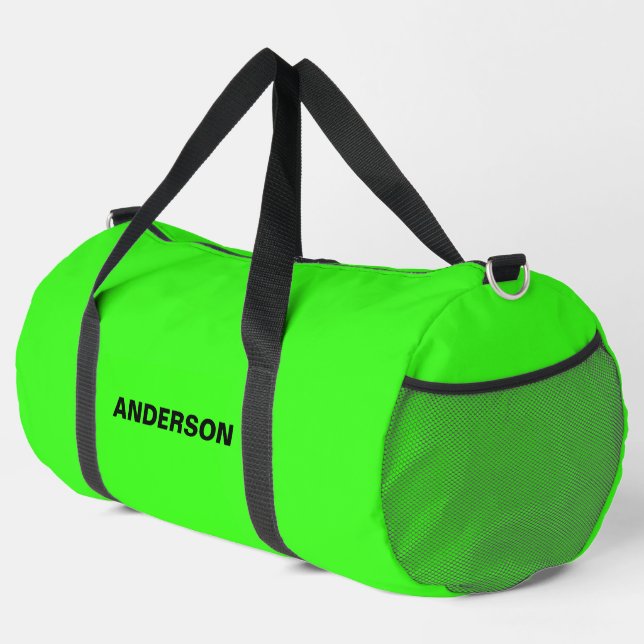 Neon Green Solid Color Individuelle Name Duffle Bag (Rechte Ecke)