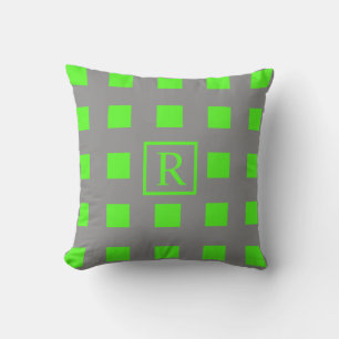 Neon Green Squares Muster Monogramme Grau Niedlich Kissen