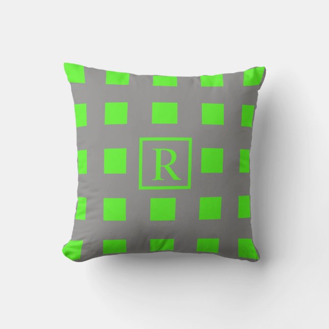 Neon Green Squares Muster Monogramme Grau Niedlich Kissen (Vorderseite)