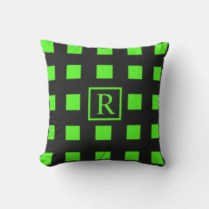 Neon Green Squares Muster Monogramme Schwarz Niedl Kissen