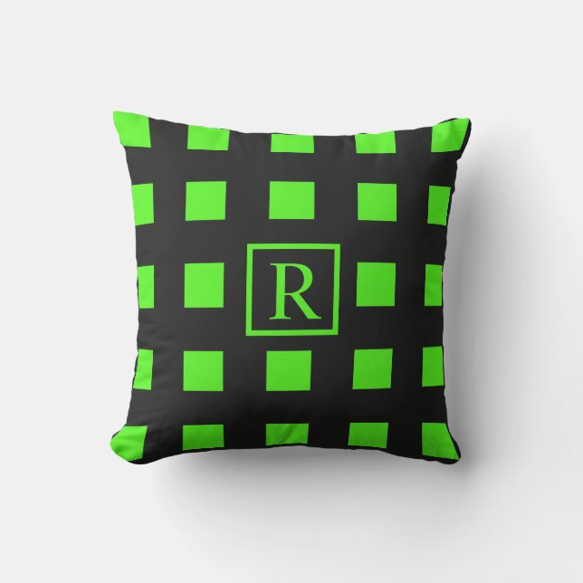 Neon Green Squares Muster Monogramme Schwarz Niedl Kissen (Vorderseite)