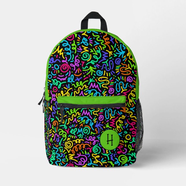 Neon Green Squiggle Monogram Bedruckter Rucksack (Vorderseite)
