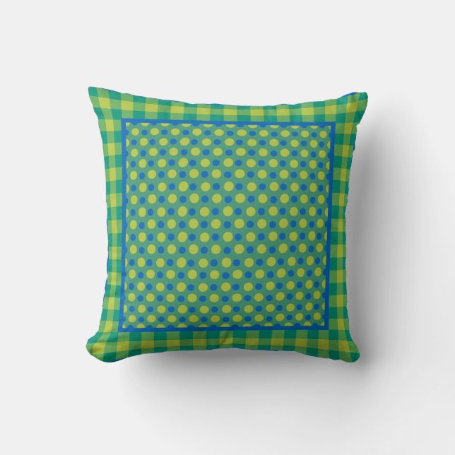 Neon Green und Blue Polka Dots und Karo Gingham Kissen (Vorderseite)