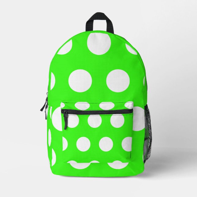 Neon Green White Large Polka Dots Bedruckter Rucksack (Vorderseite)