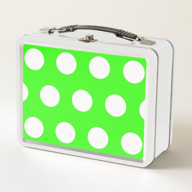 Neon Green White Large Polka Dots Metall Brotdose (Vorderseite)