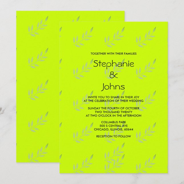 Neon Green Yellow Blätter Art Boho Wedding Einladung (Vorne/Hinten)