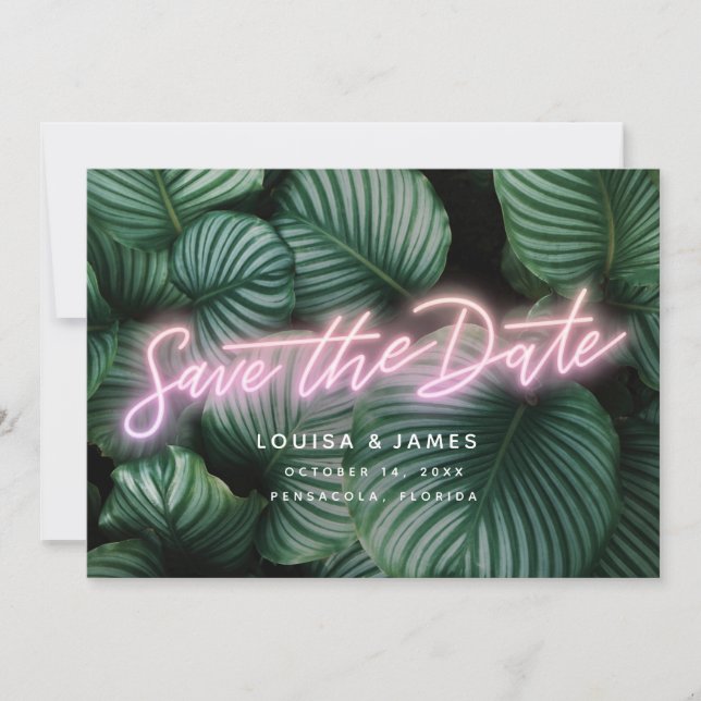 Neon Greenery Moderne tropische Save the Date Einladung (Vorderseite)