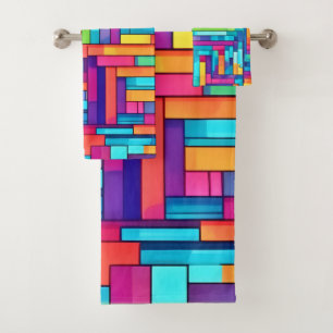 Neon Grid - Abstraktes Mosaik Badhandtuch Set