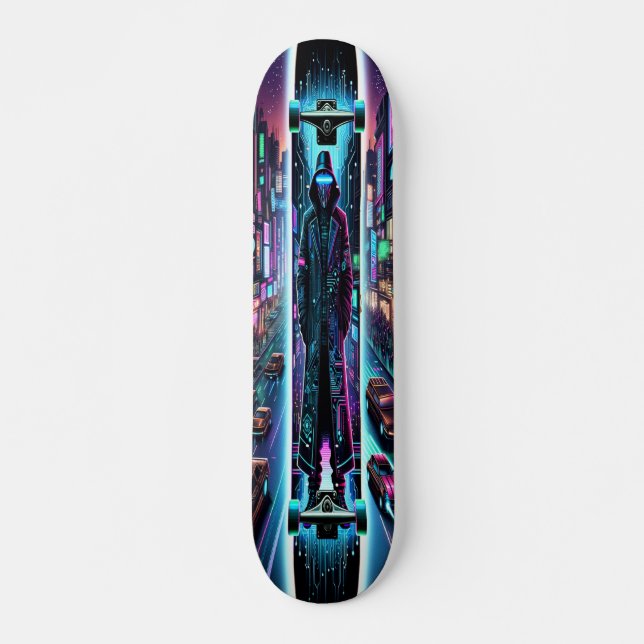 "Neon Hacker: Cyberpunk Cityscape Skateboard (Vorne)