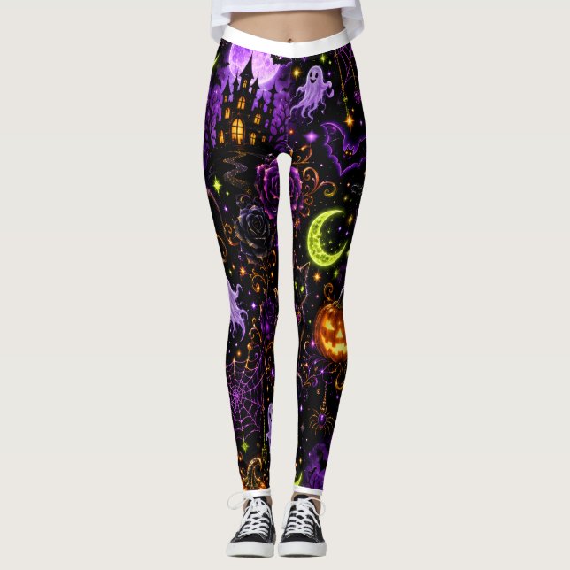 Neon Halloween Black Cat and Ghost Leggings (Vorderseite)