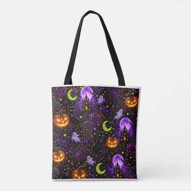Neon Halloween Black Cat and Ghost Tote Bag (Rückseite)