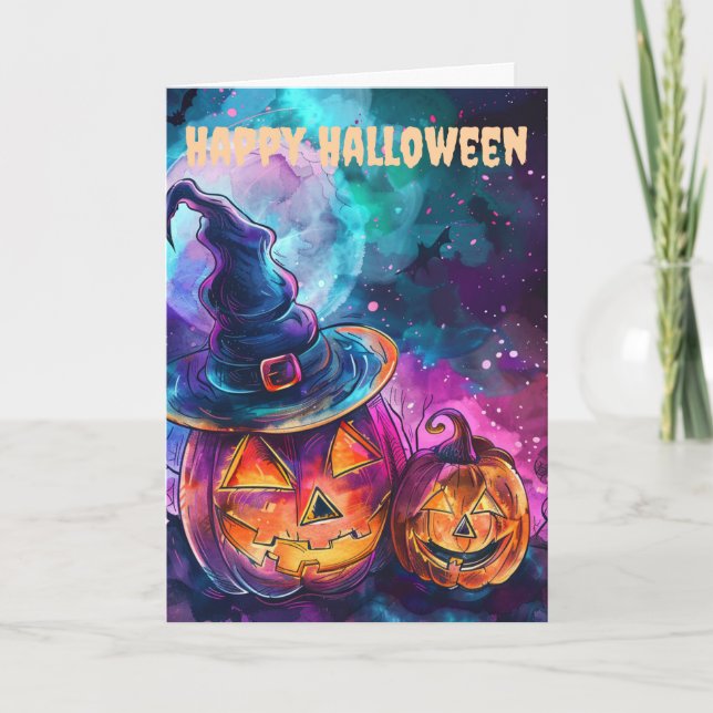 Neon-Halloween-Kürbislaternen Feiertagskarte (Vorderseite)