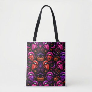 Neon Halloween Lips and Tongue Tote Bag