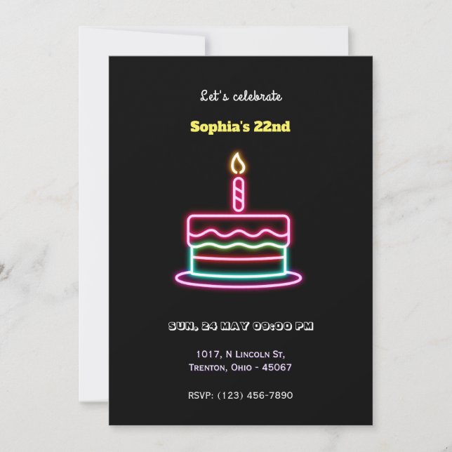 Neon Happy Birthday Cake Design mit Kerze Einladung (Vorderseite)