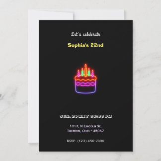 Neon Happy Birthday Cake Design - Spaß und Lebensf Einladung
