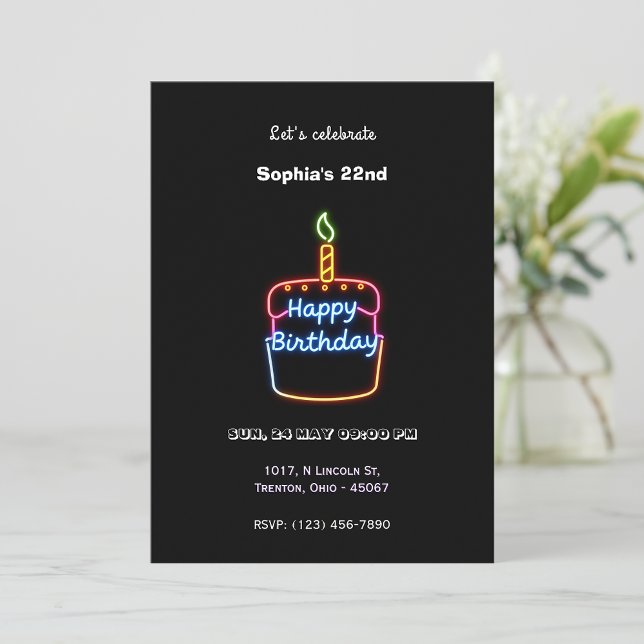 Neon Happy Birthday Cake Design - Spaß und Lebensf Einladung (Von Creator hochgeladen)