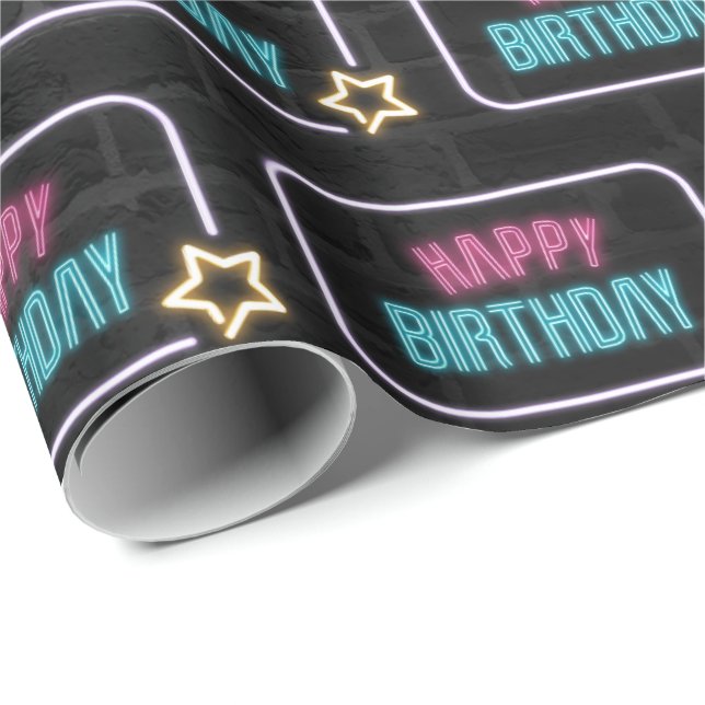 Neon Happy Birthday Marquee on Brick Geschenkpapier (Rolleneckpunkt)