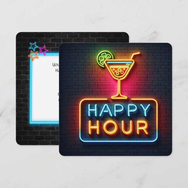 Neon Happy Hour Party Einladung (Vorne/Hinten)