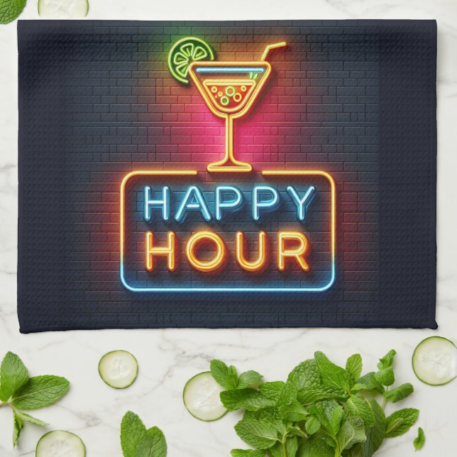 Neon Happy Hour Sign Geschirrtuch (Gefaltet)