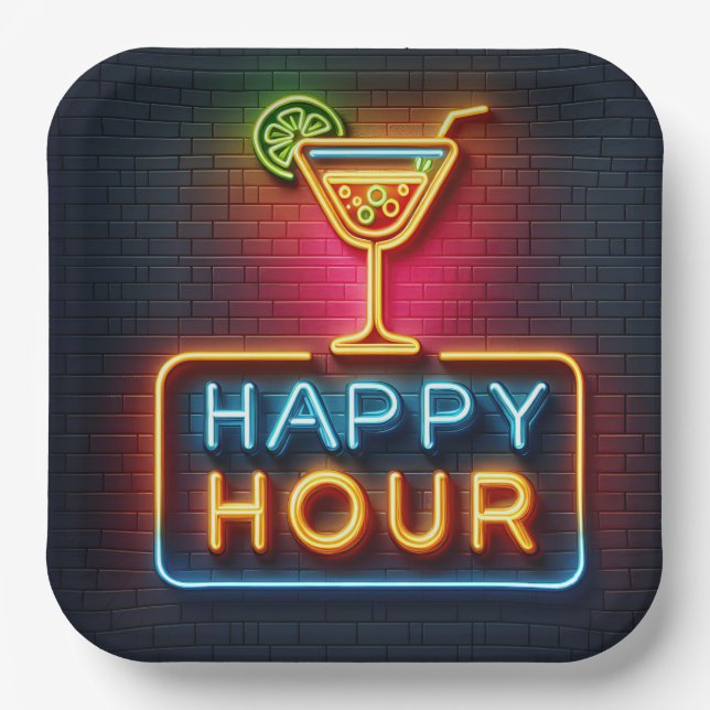 Neon Happy Hour Sign Pappteller (Vorderseite)