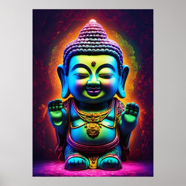 "Neon Harmony: Adorable 3D Buddha aus Glas Poster (Vorne)