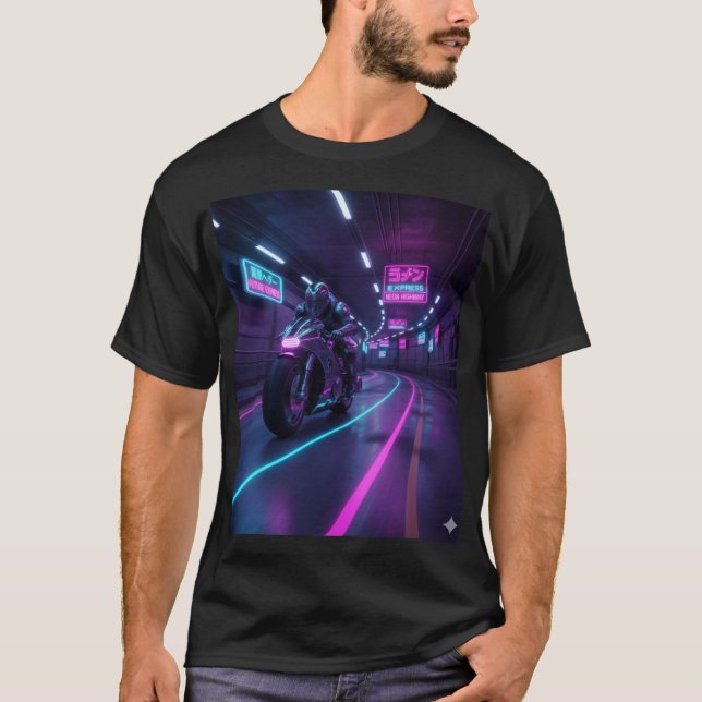 Neon Highway Rider | Cyberpunk Motorcycle Art  T-Shirt (Vorderseite)