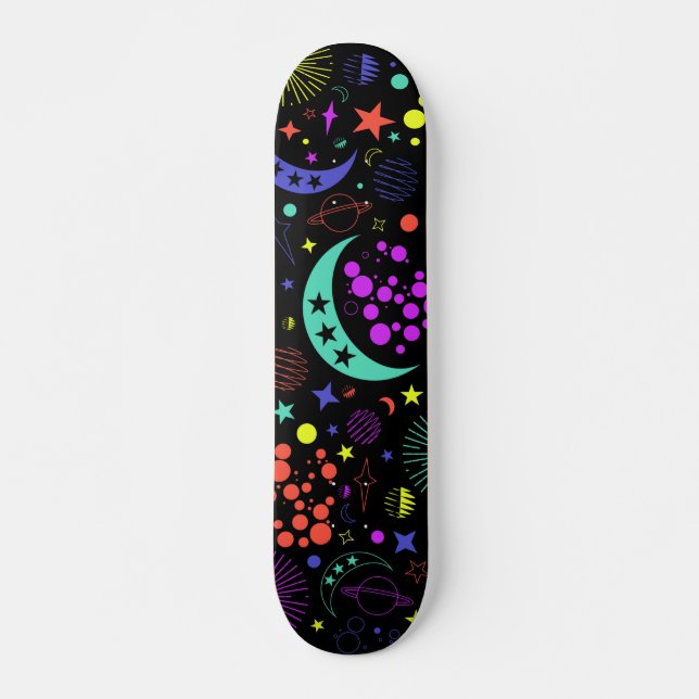 Neon Himmelselemente, Sterne, Monde, Planeten Skateboard (Vorne)