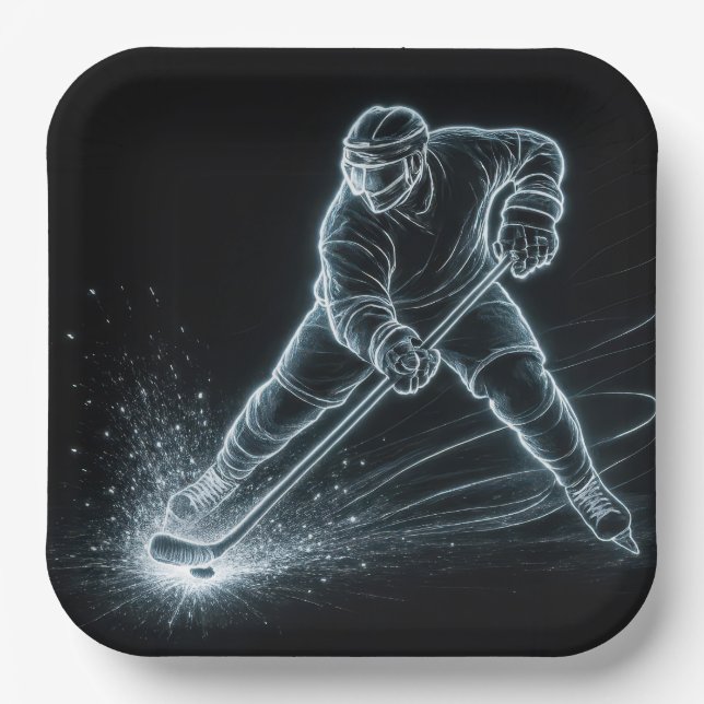 Neon-Hockeyspieler auf Eis Pappteller (Vorderseite)