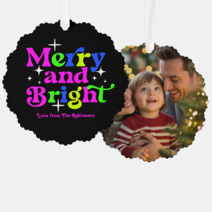 Neon Holiday Merry & Bright Retro Weihnachts-Foto Ornament Karte