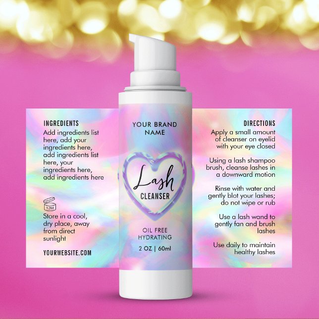 Neon Holographic Girly Lash Cleanser Flasche Rechteckiger Aufkleber (Trendy holographic neon effect lash bath cleanser wraparound product labels )