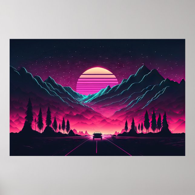 Neon Horizons: Ein Synthwave-Mountain-Drive Poster (Vorne)