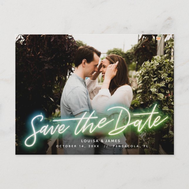Neon Horizontal Foto Save the Date Postkarte (Vorderseite)