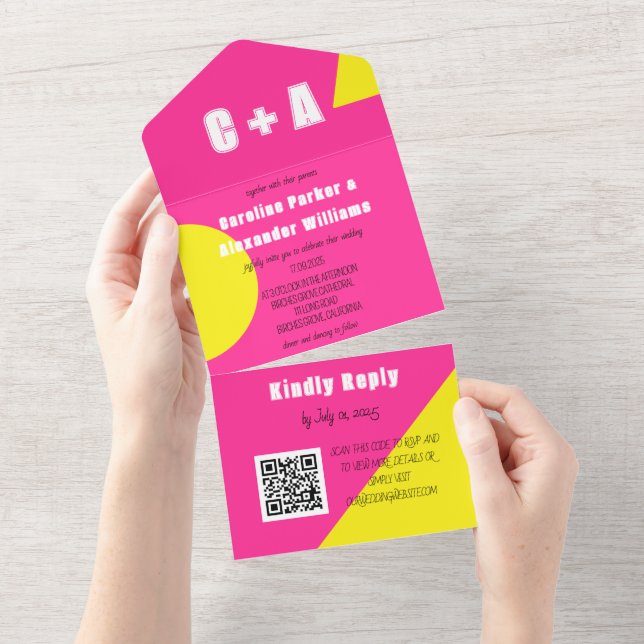 Neon Hot Pink Yellow Retro Modernes, feines Elegan All In One Einladung (Abreißen)