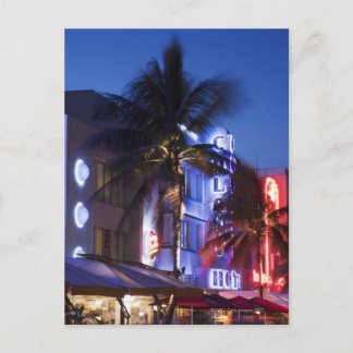 Neon Hotel in der Nacht, Ocean Drive, South Miami Postkarte
