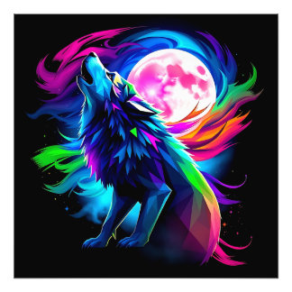 Neon Howling Wolf with Full Moon – Psychedelic Rai Fotodruck