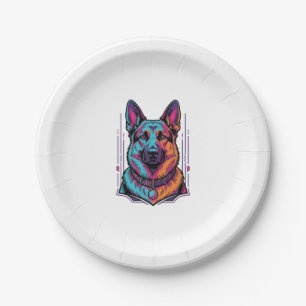 Neon-Hundeporträt Vintage-Stich Grafik_1 Pappteller