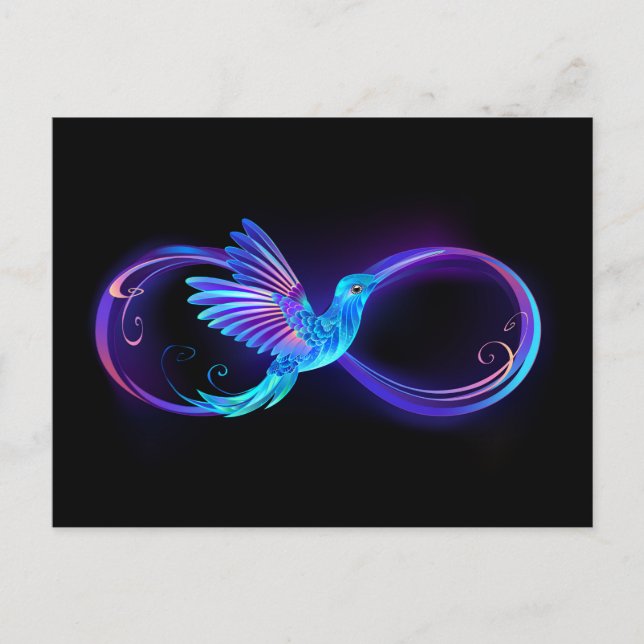 Neon Infinity Symbol mit dem leuchtenden Hummingbi Ankündigungspostkarte (Vorderseite)