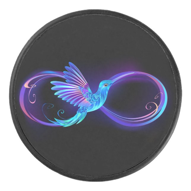 Neon Infinity Symbol mit dem leuchtenden Hummingbi Eishockey Puck (Vorderseite)