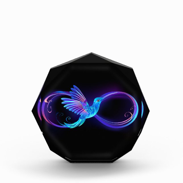 Neon Infinity Symbol mit dem leuchtenden Hummingbi Fotoblock (Vorderseite)